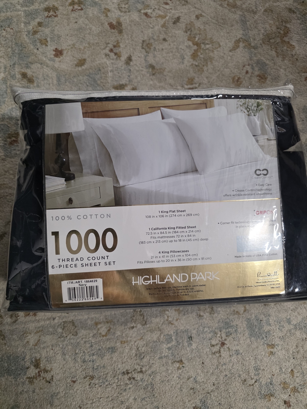 ​Highland Park 1000 TC Pima Cotton Cal King Sheet Set 6-Pc Navy Blue NOIP
